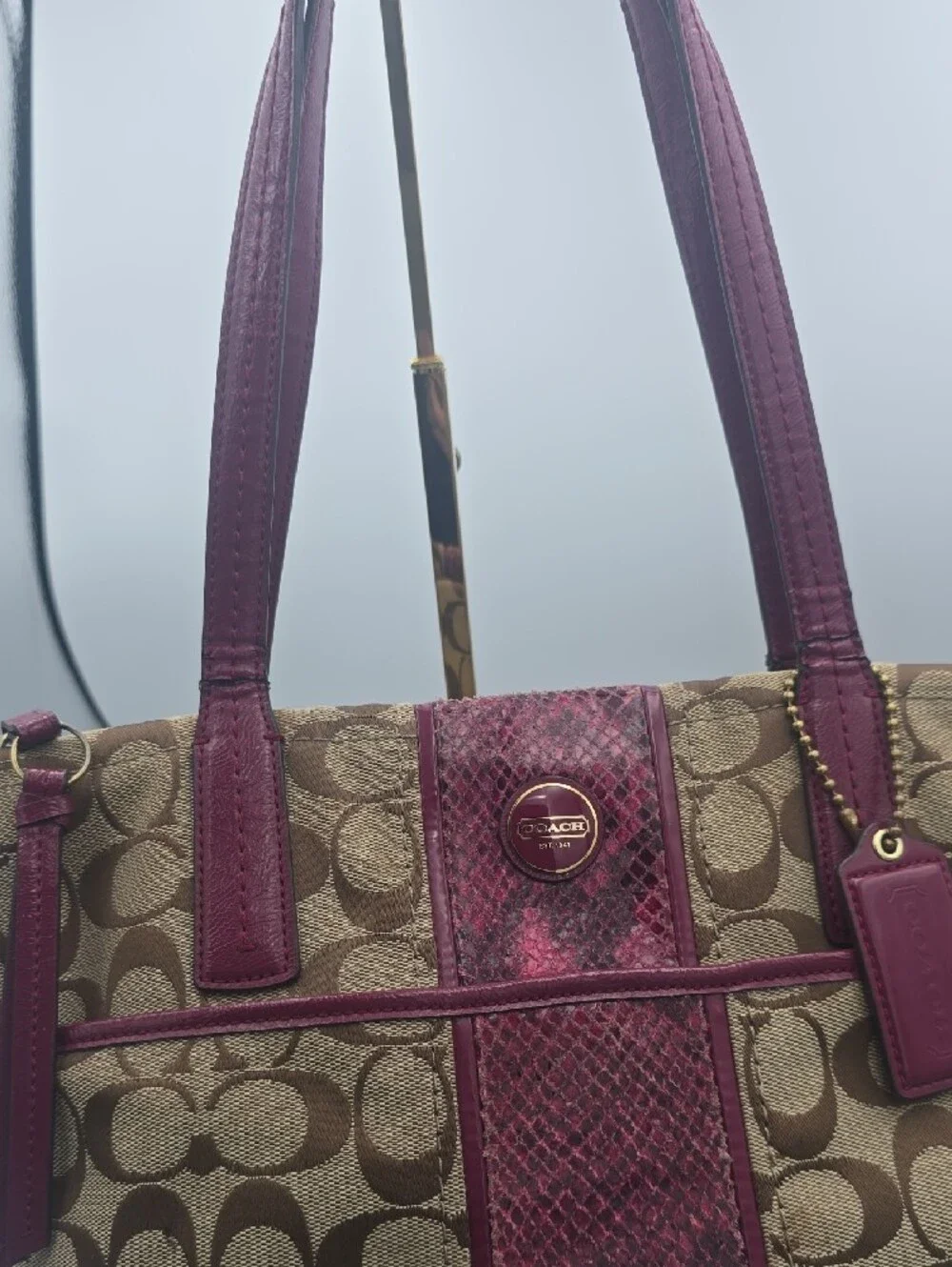 Coach Beige/Tan Signature Canvas Medium Tote W/ Burgundy Python Trim (GOOD) 💖✨️